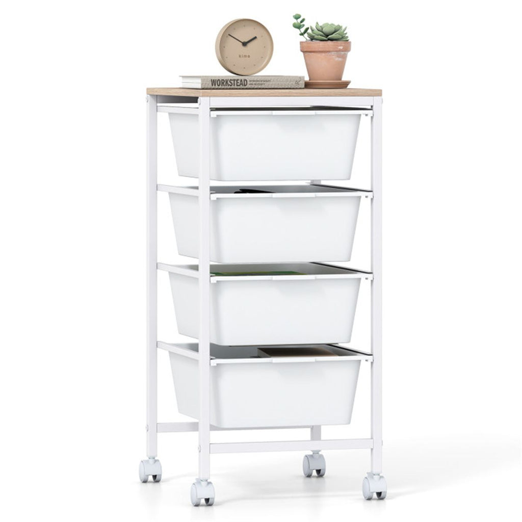 4-Drawer Rolling Storage Cart, Mobile Utility Organizer with MDF Wooden Top (Natural)