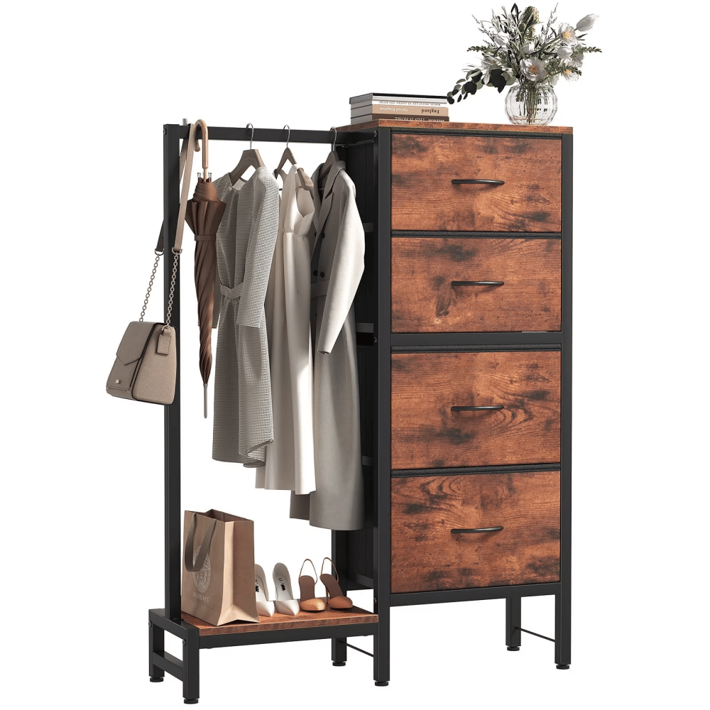 4 Drawers Dresser with Hanging Rack, 44-inch Tall Reversible Fabric Chest, Bedroom Storage Tower, Rust