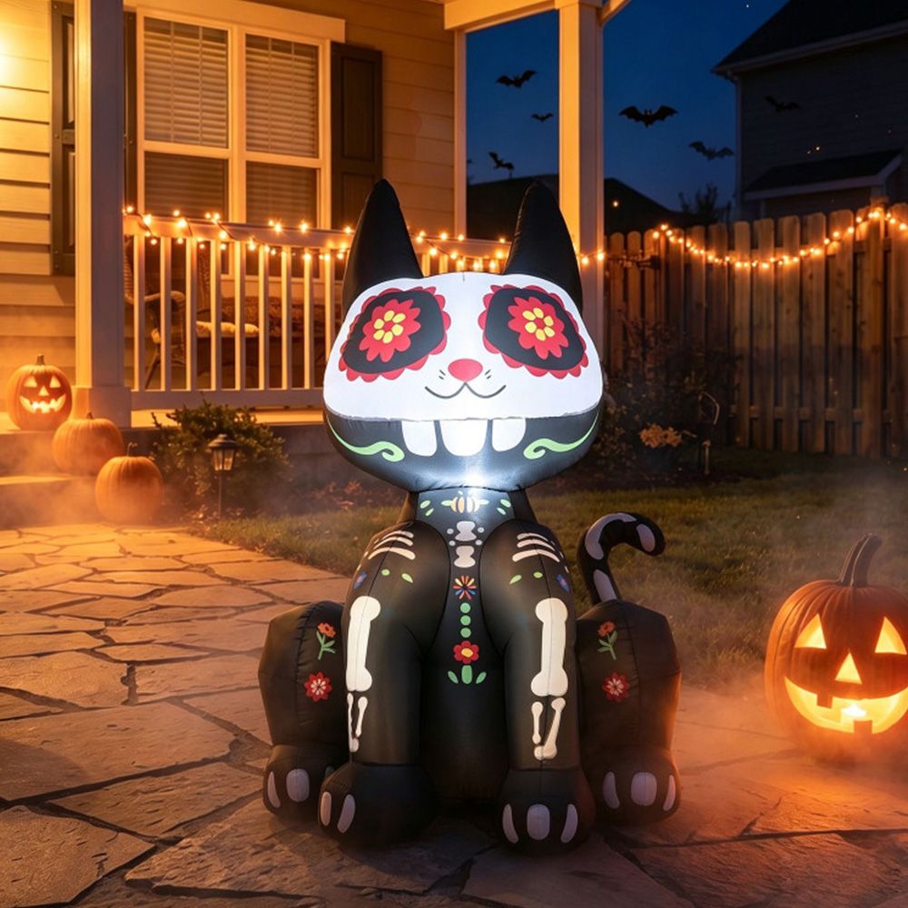 4 FT Day of the Dead Inflatable Skull Cat with LED Light for Halloween