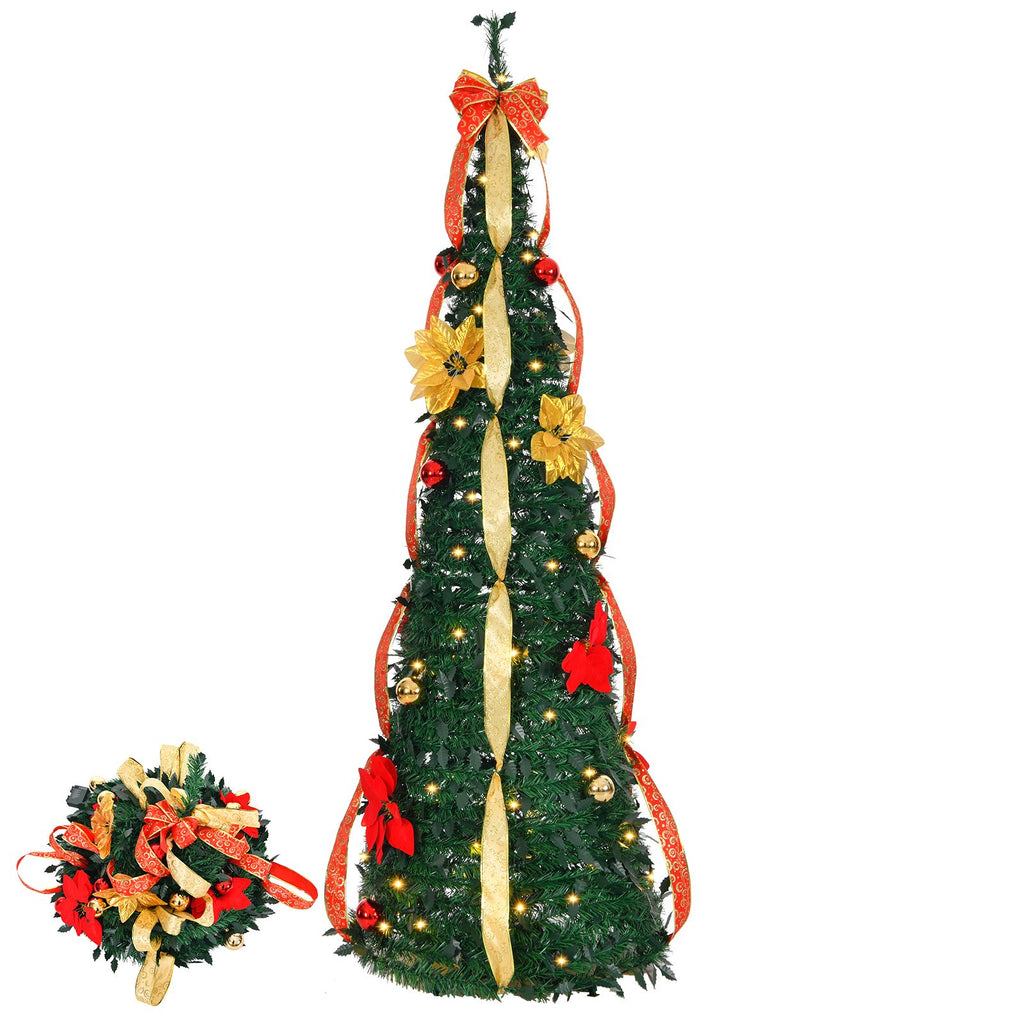 4 FT Fully Decorated Pre-lit Christmas Tree, Pop Up Artificial Xmas Tree with 80 Warm Lights and Red & Golden Ornaments for Home Office Store Holiday Deco
