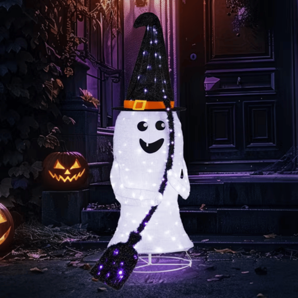 4 ft Lighted Pop-Up Ghost Halloween Decoration with Witch Hat, Broom and 135 White and Purple LEDs, Black and White