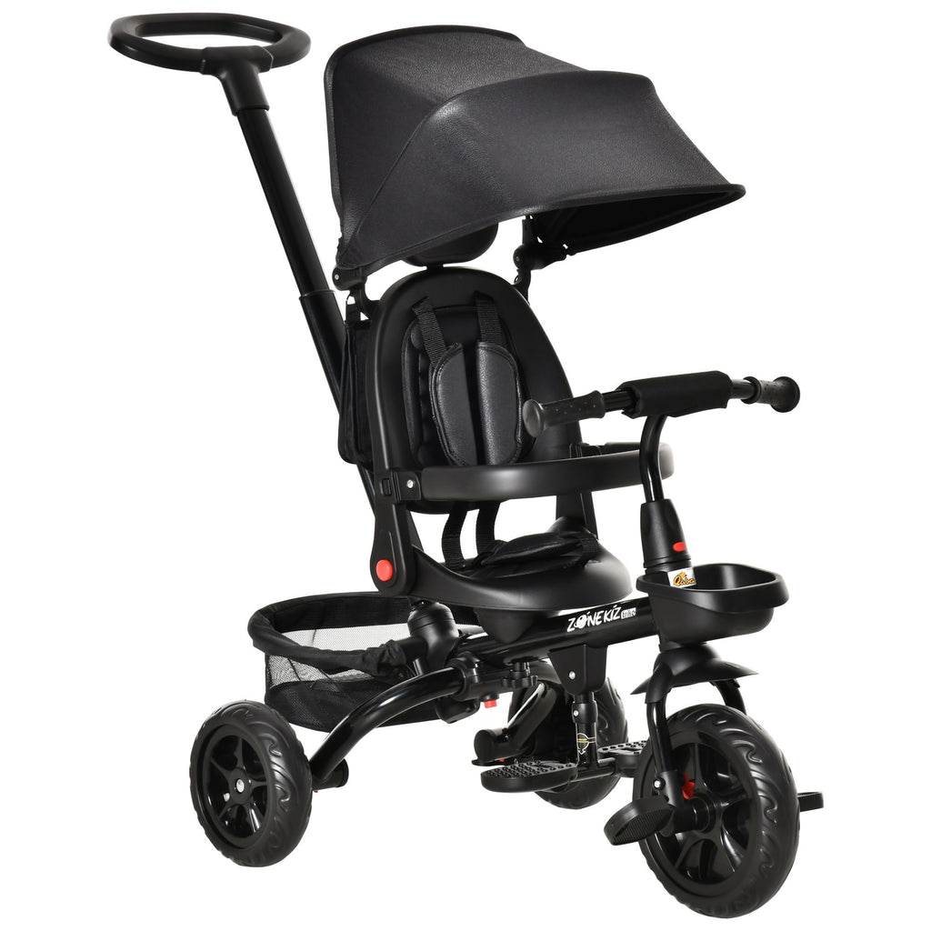 4 In 1 Black Childs Tricycle with Push Handle Rotatable Seat Canopy Storage