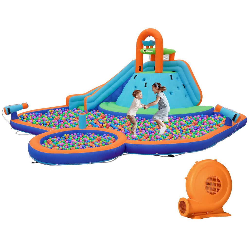 4-in-1 Bounce House with Slide, Splash Pool, Climbing Wall, Water Cannon, Contains blower, for kids 3-8 years