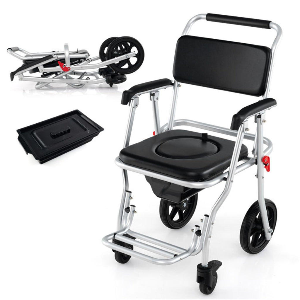 4-in-1 Commode Wheelchair (330lbs): Bedside/Shower/Raised Toilet Seat, 10" Wheels, Foldable, Anti-Rust Aluminum for Elderly
