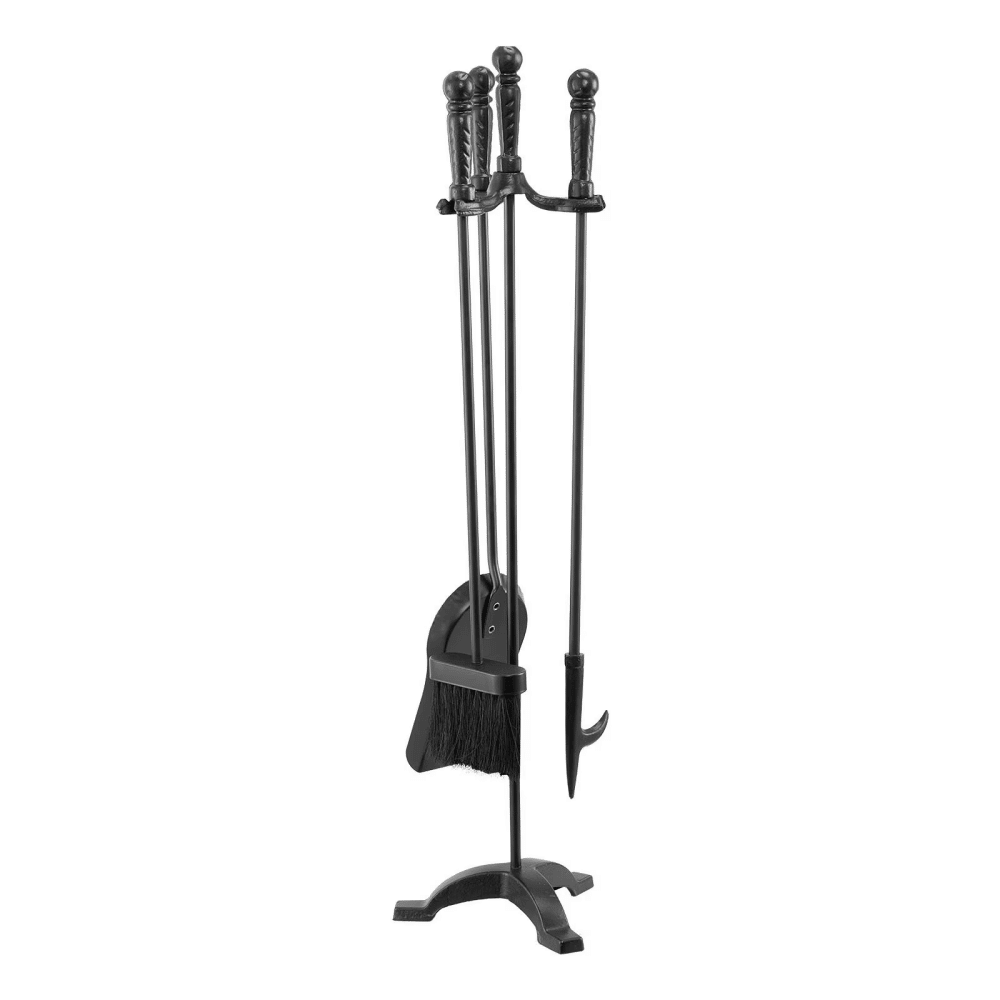 4-in-1 Fireplace Tool Set with Poker, Ash Shovel, Brush, Stand, Wrought Iron & Carbon Steel,forIndoor Wood Stove Fire Pit