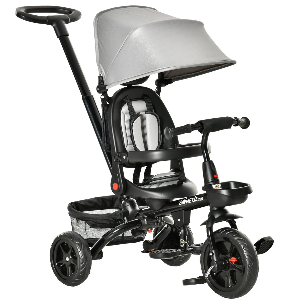 4-in-1 Kids Tricycle Stroller with Canopy, Safety Belt, Footrest, Brake Clutch, Removable Handle for Toddlers 1-5 Years, Gray