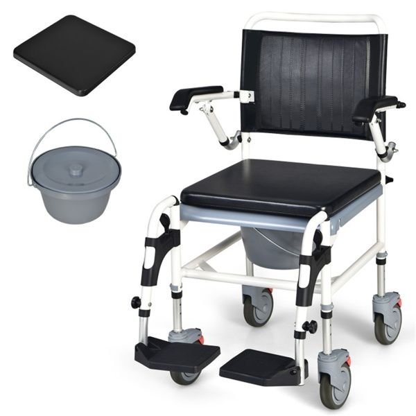 4-in-1 Multifunctional Commode Chair/ Shower/Wheelchair/Normal Chair, 4-Level Height Adjust (36.5"-39.5"), Lockable Universal Wheels