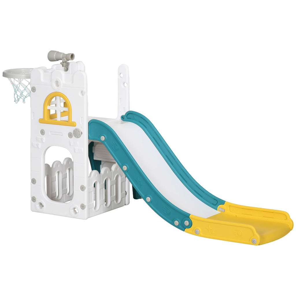 4-in-1 Toddler Slide, Yellow, for Ages 1-3, with Basketball Hoop, Climber, Telescope, Storage Baskets