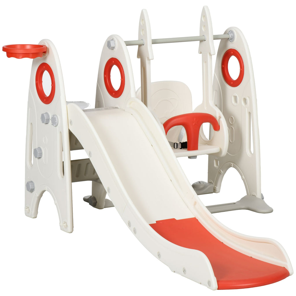 4-in-1 Toddler Swing Set, Red, with Slide, Basketball Hoop, Climber & Basketball, for Kids 1-3 Years Old