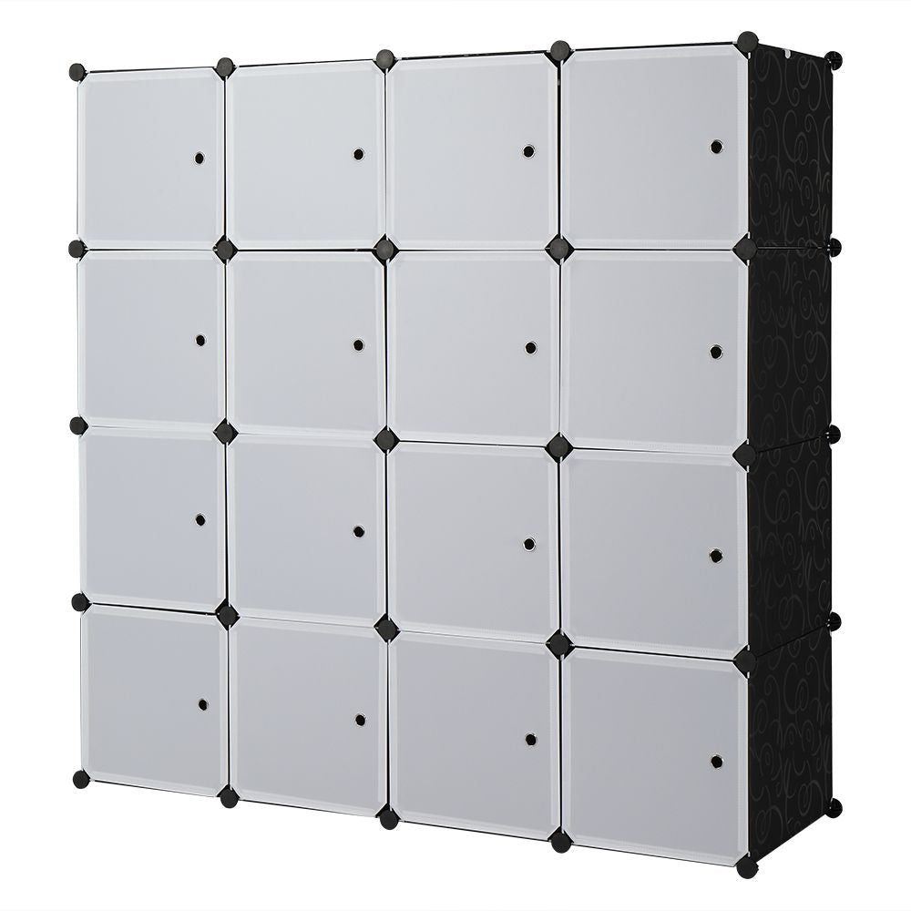 4-layer 16 Cube Organizer Stackable Plastic Cube Storage, Plastic + Steel Wire with 3 Clothes Rails, Free to Assemble, White
