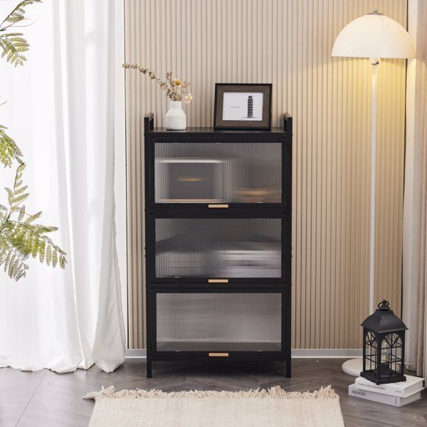 4-layer multifunctional storage cabinet with cabinet door, kitchen bread rack, pantry storage cabinet, microwave rack storage rack, study, living room, bedroom, etc, black