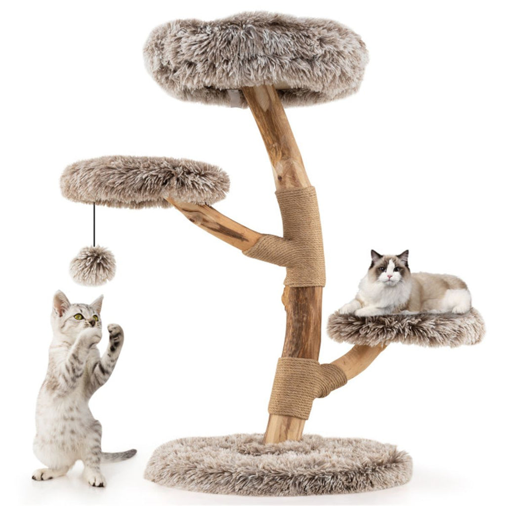 4-Level Natural Pear Wood Cat Tree - 19.5"x35.5", Jute Scratch Posts + Plush Ball, Long Plush