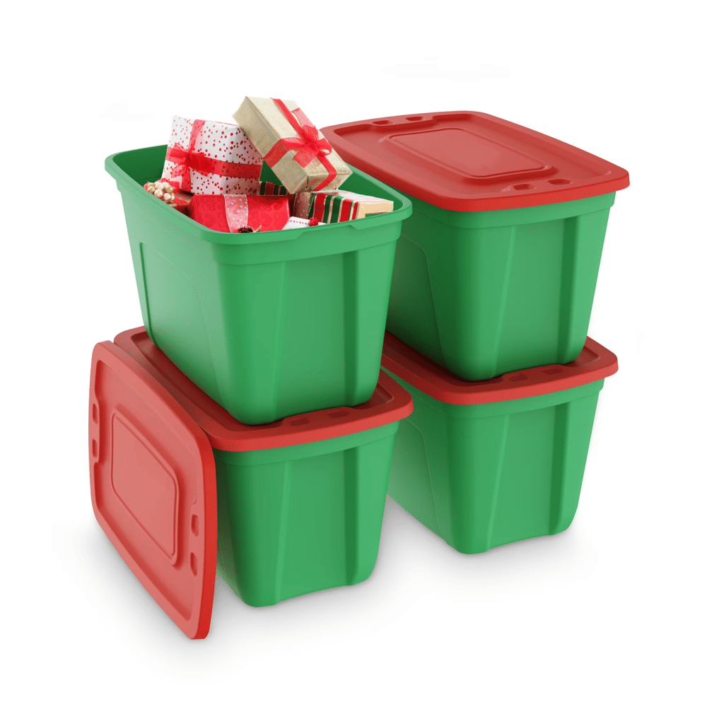 4 pack 18 Gallon Christmas Storage Bins with Lids, Stackable Totes, Plastic Storage Containers, Garage Organization, 18-Gallon (72-Quart) - Green/Red