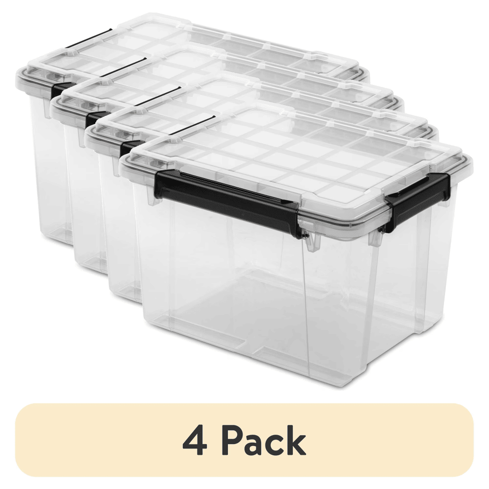 (4 pack) 34 Quart WaterProof Clear Plastic Storage Bin with Lid, Gasket Seal and Durable Latches, Black(Shipment from Walmart)