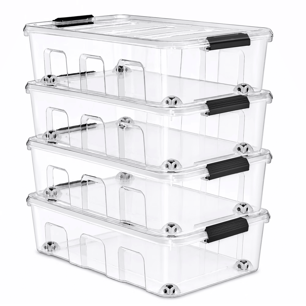 4-Pack 40 Qt Clear Underbed Storage Bins with Lids & Handles, Stackable