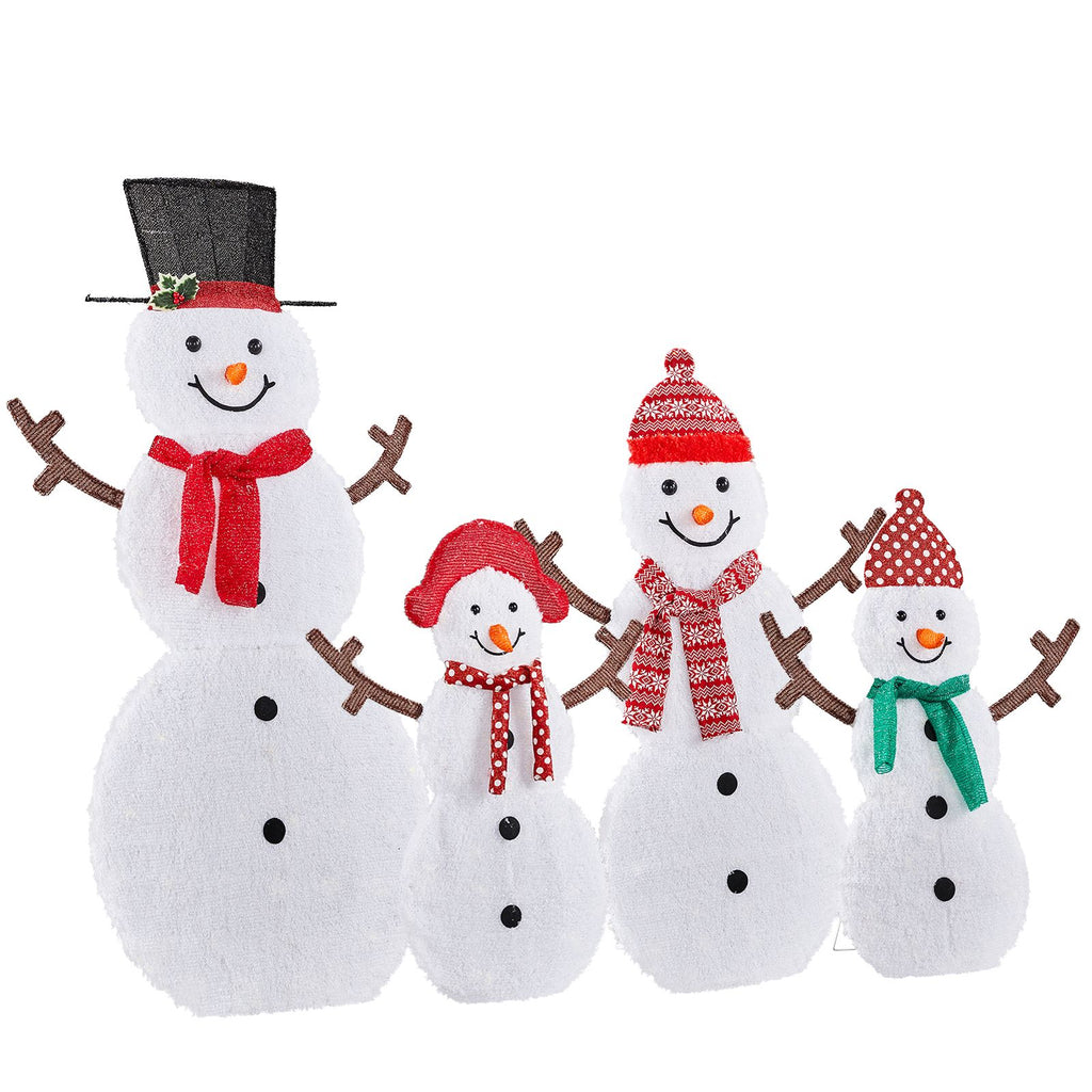 4-Pack 5FT Snowman Family, White 2D with Branch Arms, 250 Warm White Lights, Christmas Light Set