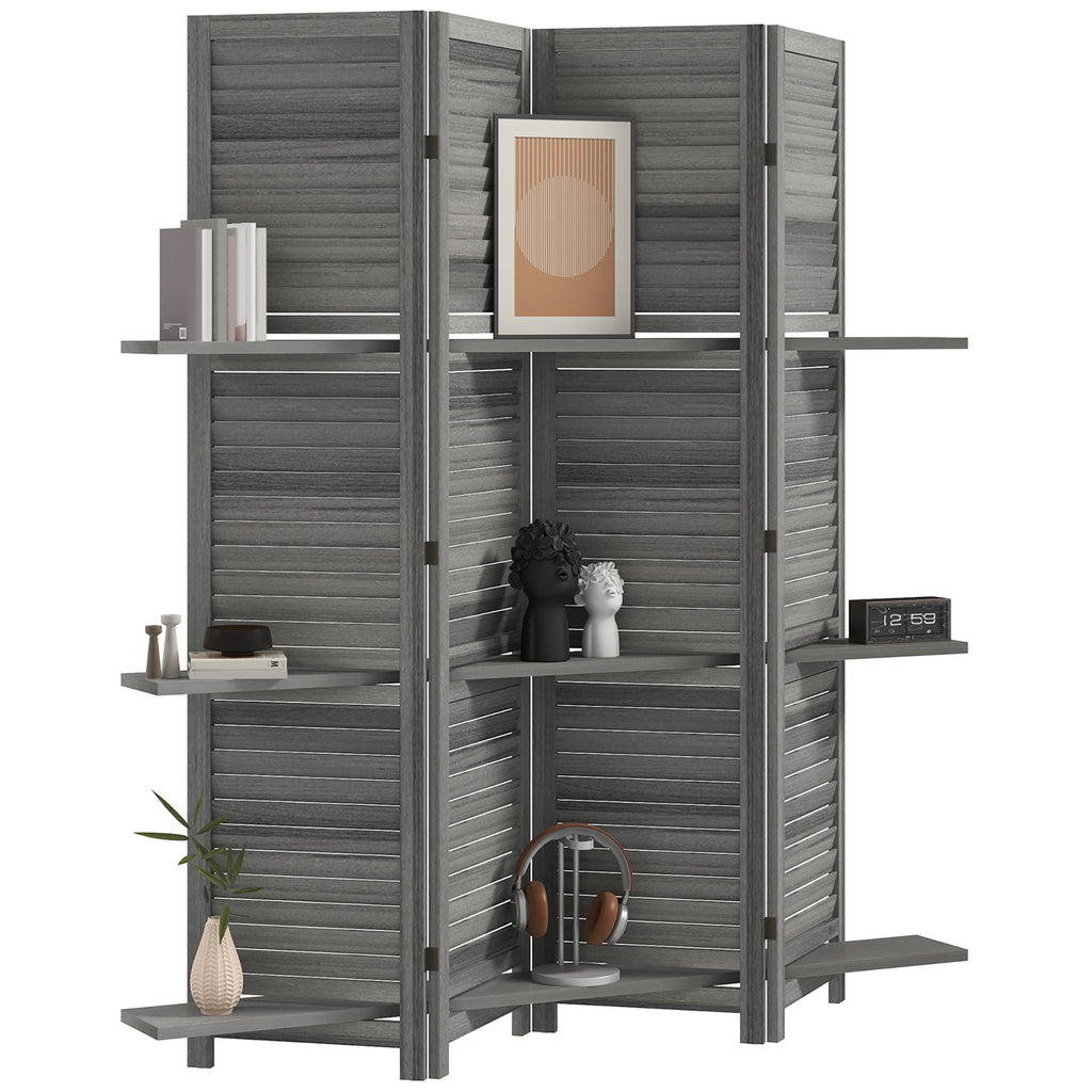4 Panel 67" Tall Wood Room Separator Partition Wall Divider, Room Divider w/ 3 Display Shelves & Folding Storage for Bedroom Home Office, Gray