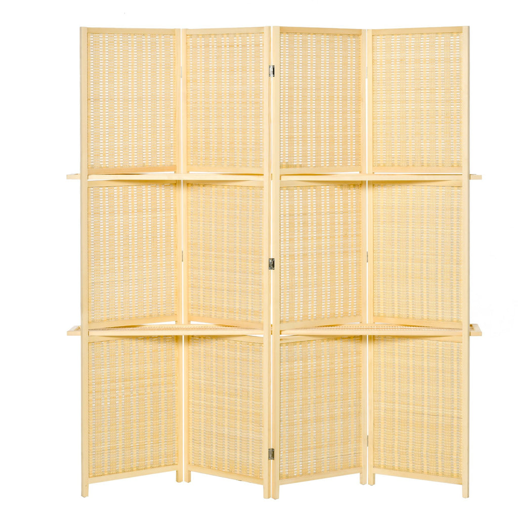 4-Panel Bamboo Room Divider Screen, 6ft Folding Wall Divider Room Partition with 2 Display Shelves for Bedroom & Office, Natural Wood