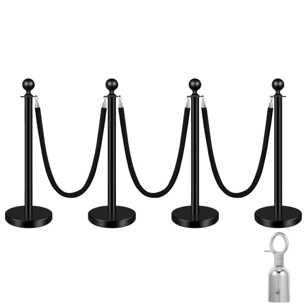 4 PCS Black Stanchions with Black Velvet Rope - Exhibition Crowd Control Poles,with Sand Injection Hollow Base, for Theaters, Parties, Weddings, Exhibitions