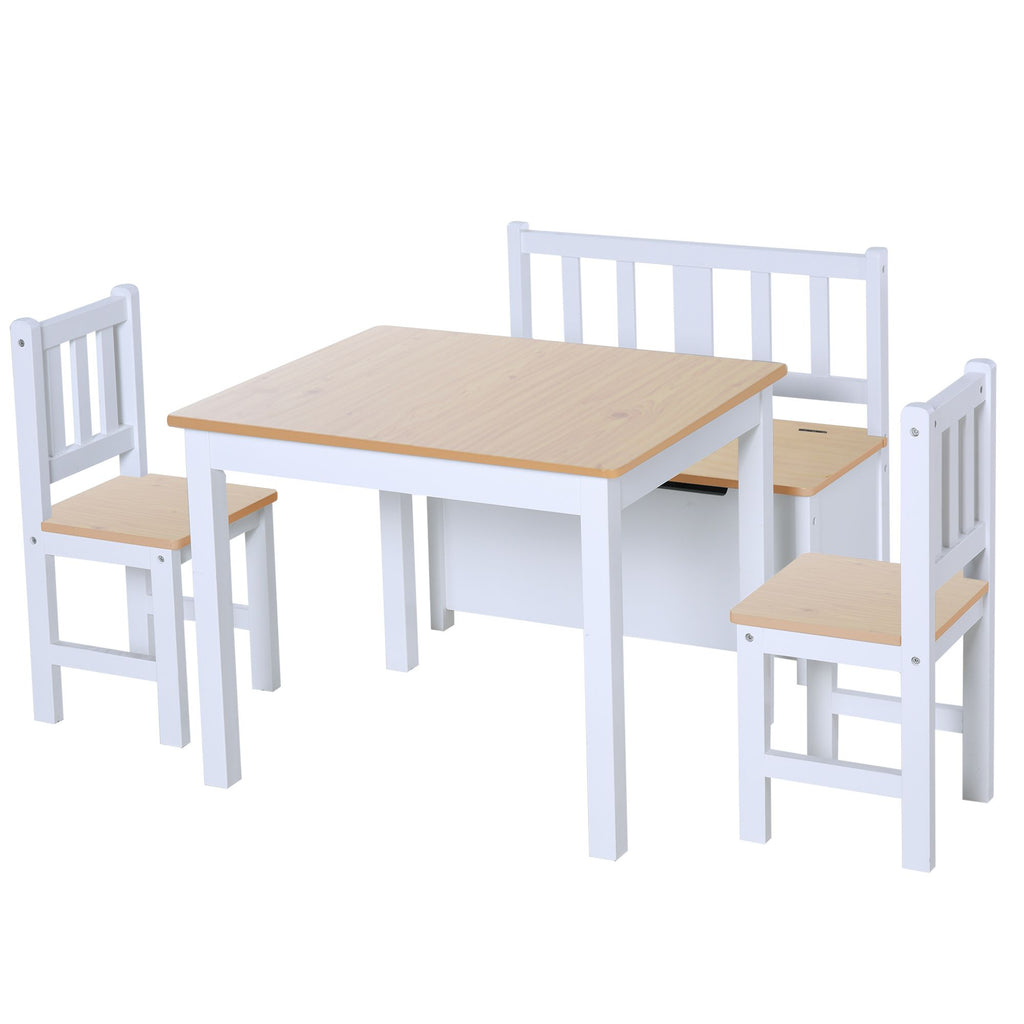 4-Piece Kids Play Table Set, Wooden Chairs & Storage Bench, Modern Design in Natural White for Creative Toddlers