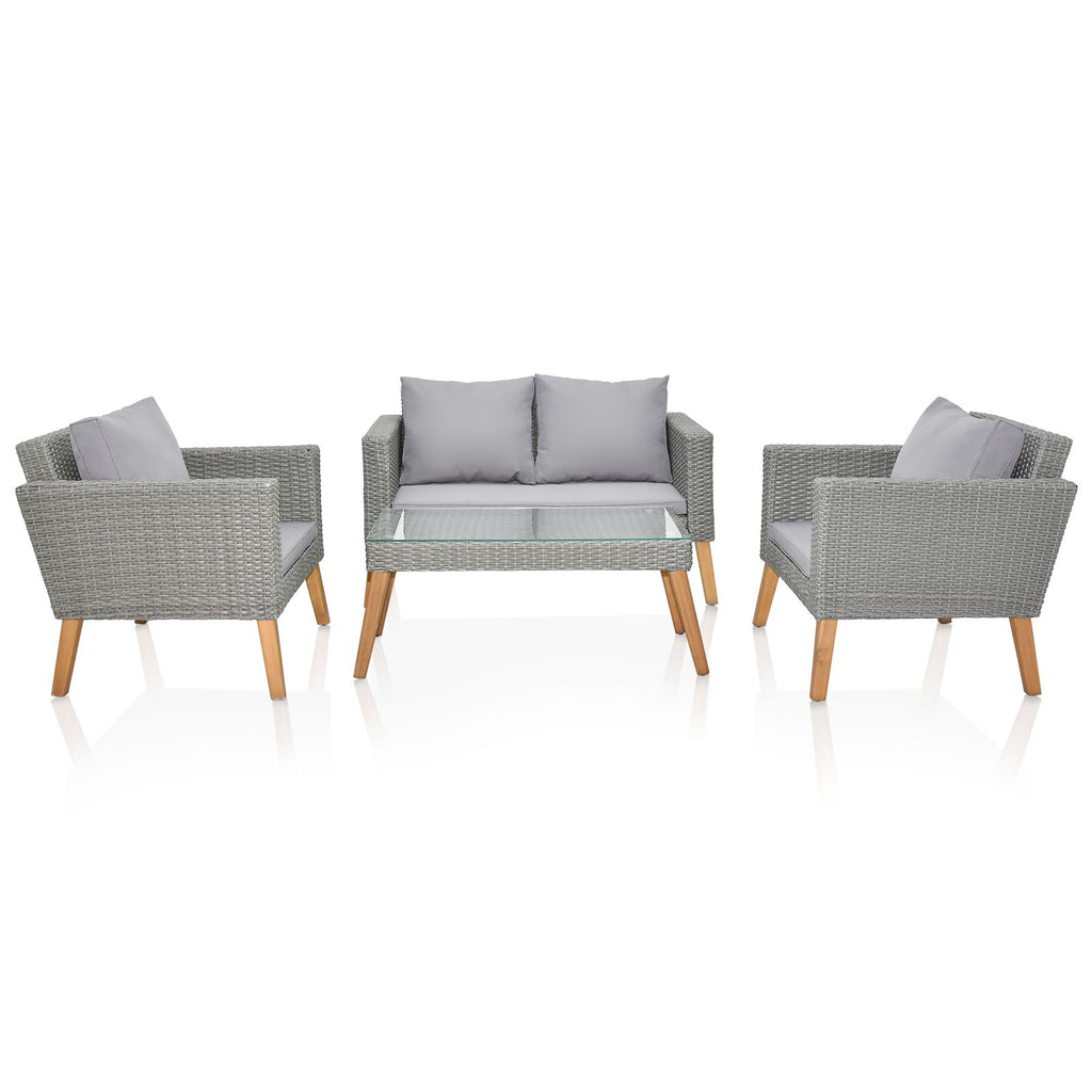 4 Piece Outdoor Patio Furniture Set, Resin Rattan and Acacia Wood Chairs Conversation Furniture Set for Backyard Balcony Deck with Soft Cushions and Table, Grey