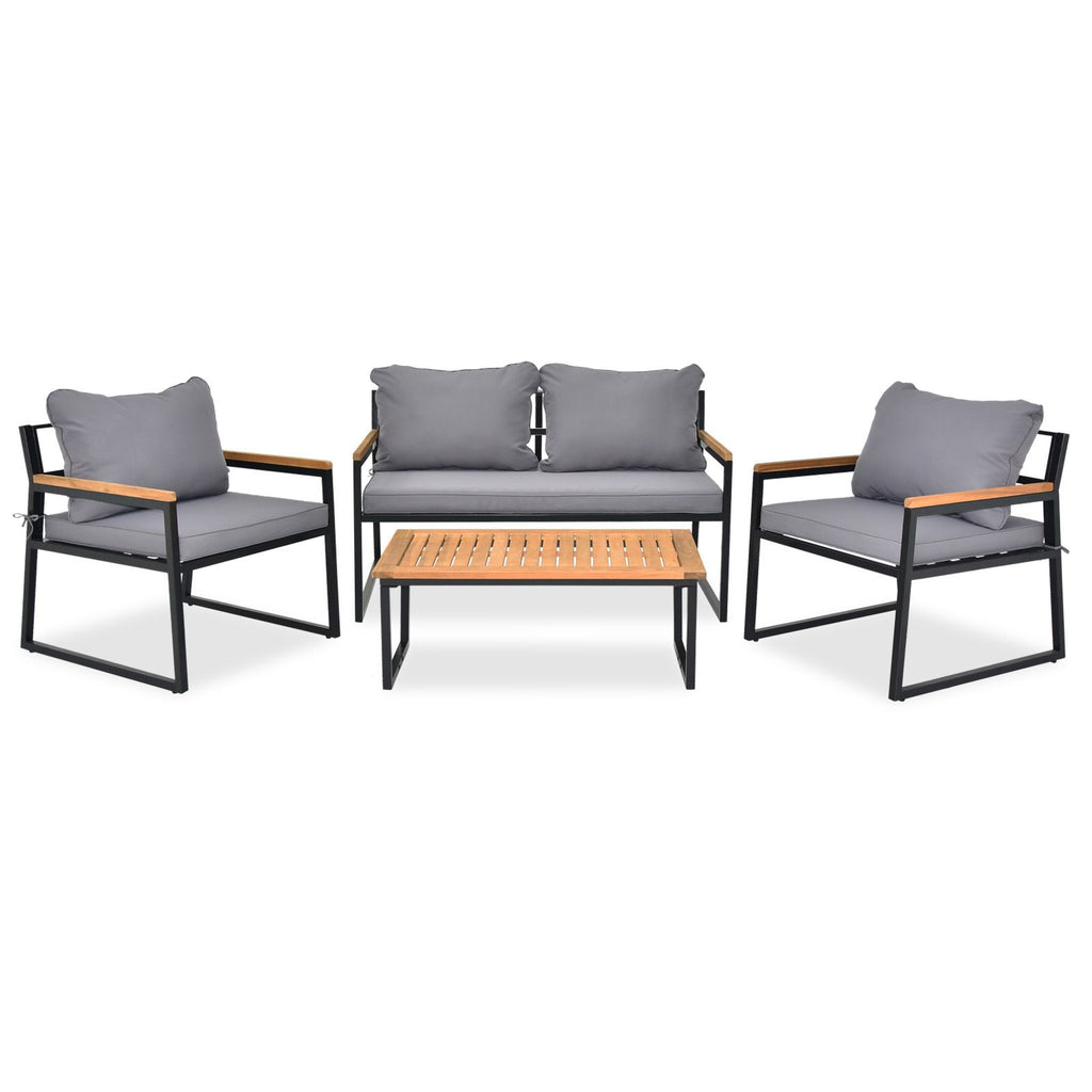 4 Piece Outdoor Patio Lounge Conversation Set, Metal Frame with Acacia Wood Armrest & Tabletop Furniture Set for Backyard Balcony Deck with Soft Cushions and Table