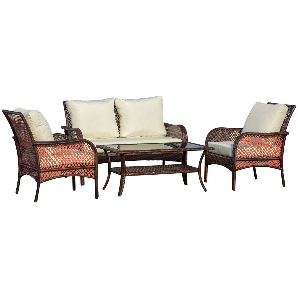 4-Piece Outdoor Wicker Sofa Set, Outdoor PE Rattan Conversation Furniture with 4 Chairs & Table, Water-Fighting Material, White