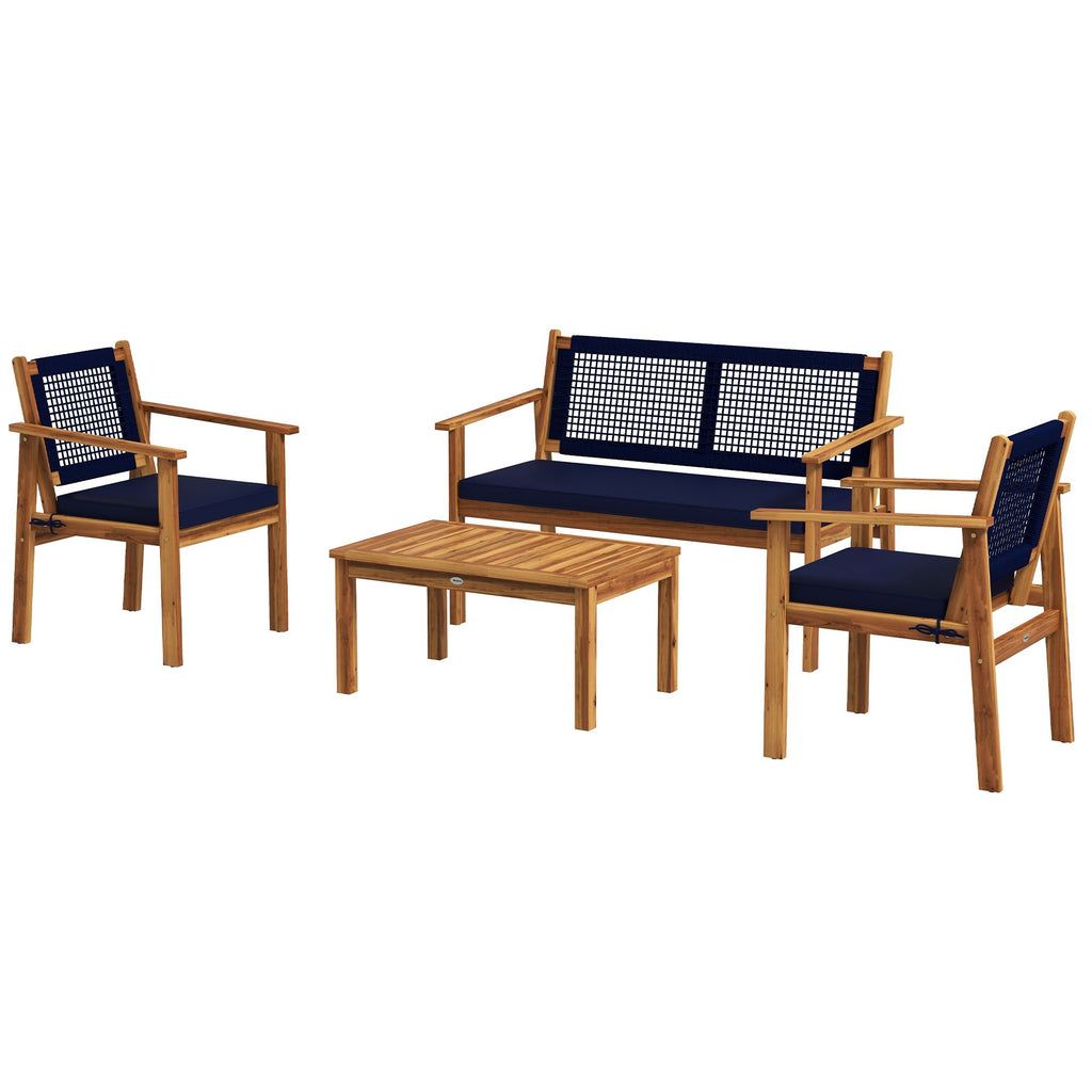 4 Piece Patio Sofa Set Blue Acacia Wood Outdoor Furniture with Cushions Slatted Wood Top Coffee Table for Backyard