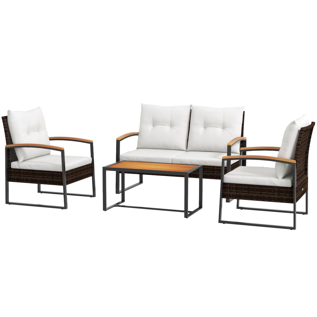 4-Piece Rattan Patio Furniture Set with Loveseat Sofa, Chair, Wood Coffee Table, Cushions, for Outdoor, Backyard, White