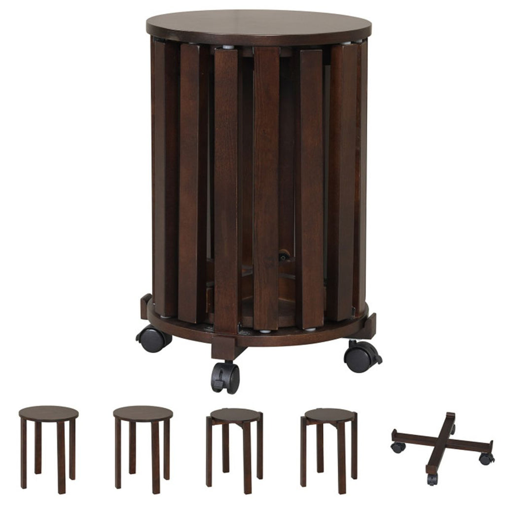 4-Piece Stackable Nesting Stools Set with Lockable Rolling Base, Solid Rubber Wood Dining Stools for Extra Seating-Walnut