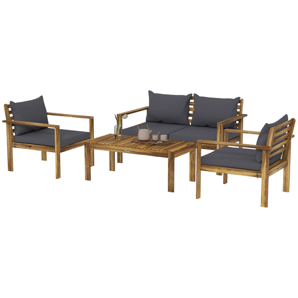 4-Piece Wooden Patio Set: Acacia with Natural Finish, Cushions & Table, Ideal for Comfortable Outdoor Living|