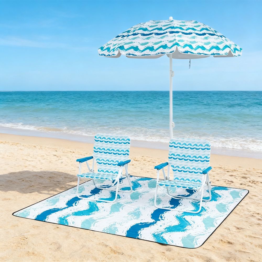 4 Pieces Beach Umbrella Set with 2 Foldable Chairs and Picnic Blanket