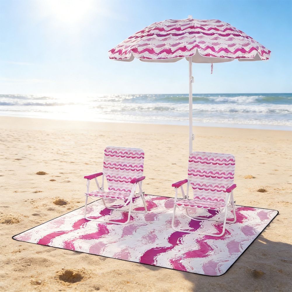 4 Pieces Beach Umbrella Set with 2 Foldable Chairs and Picnic Blanket