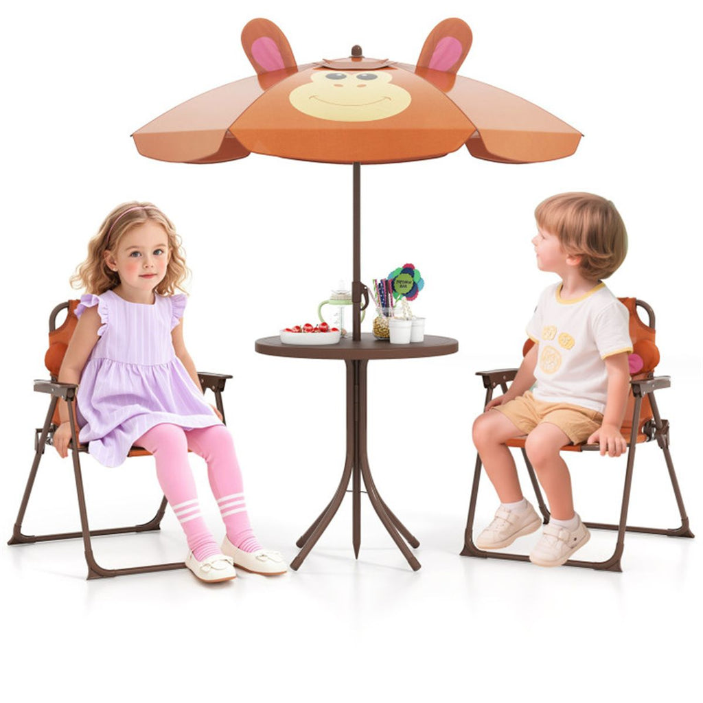 4 Pieces Folding Kids Table and Chair Set with Height Adjustable Sun Umbrella - Brown