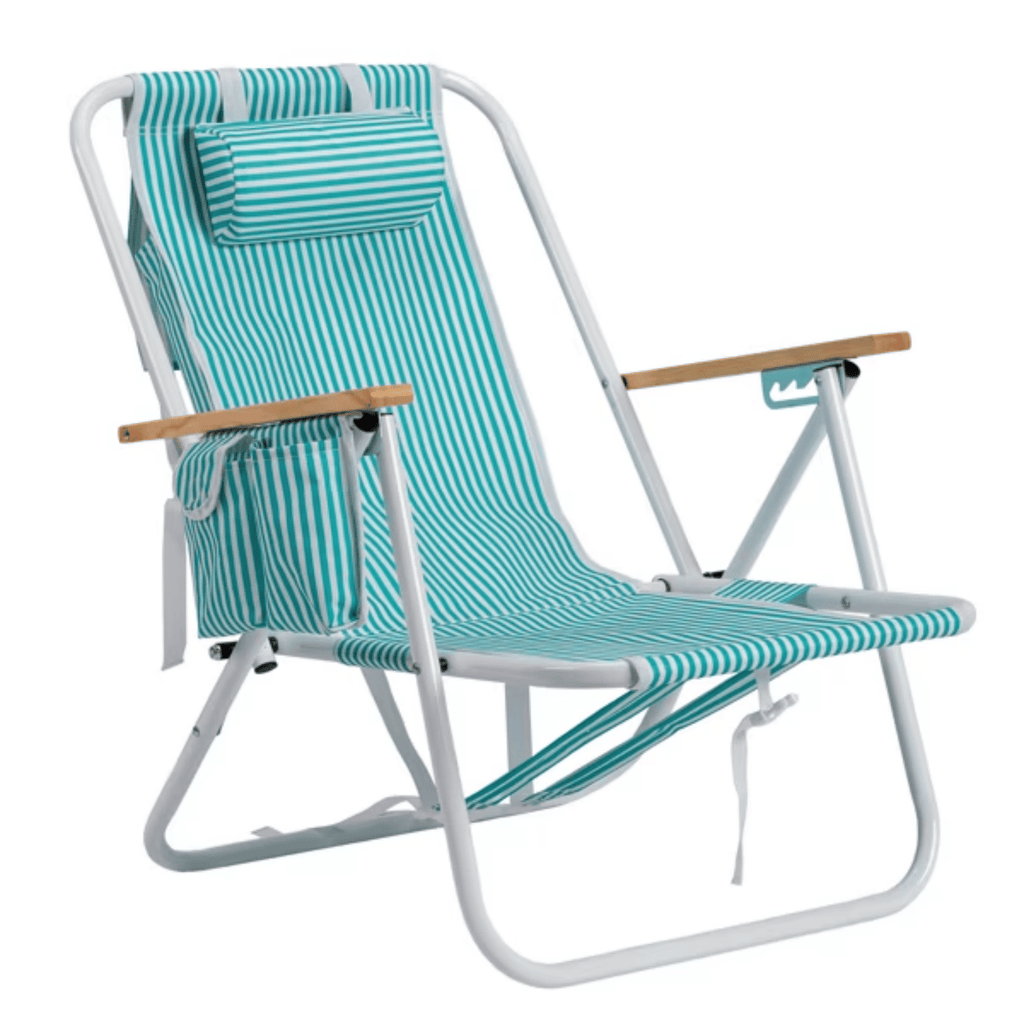 4-Position Backpack Beach Chair with Aluminum Frame, Wooden Armrests, Pillow and Pockets, Mint Stripe