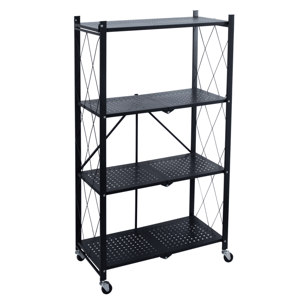4 Shelf Foldable MetalStorageShelves, Wheels, Adult,Kitchen, Laundry Room, Black