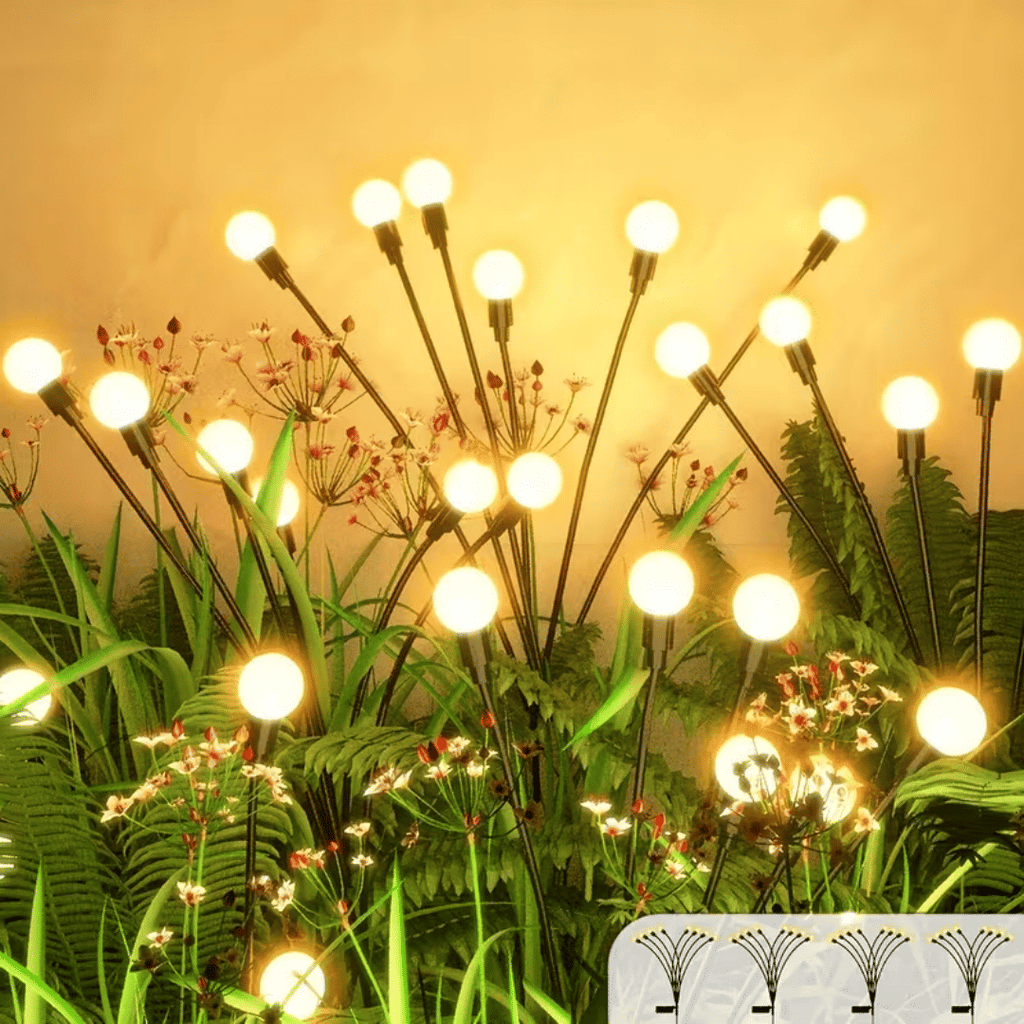 4 solar garden lights outdoor, firefly solar lights, wind swing, IP4X waterproof solar outdoor lights, suitable for courtyard garden decoration, parties, Christmas decoration (warm white)