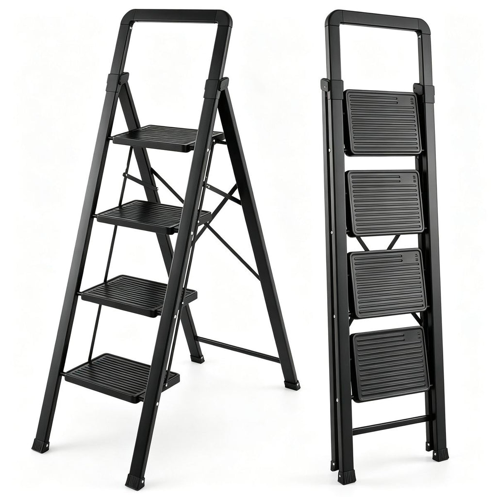 4 Step Folding Step Ladder, 330 lbs Heavy-Duty Metal Step Stool with Reinforced X-Structure, Anti-Slip Wide Pedals Portable Foldable Ladder for Home Kitchen Cleaning Decor