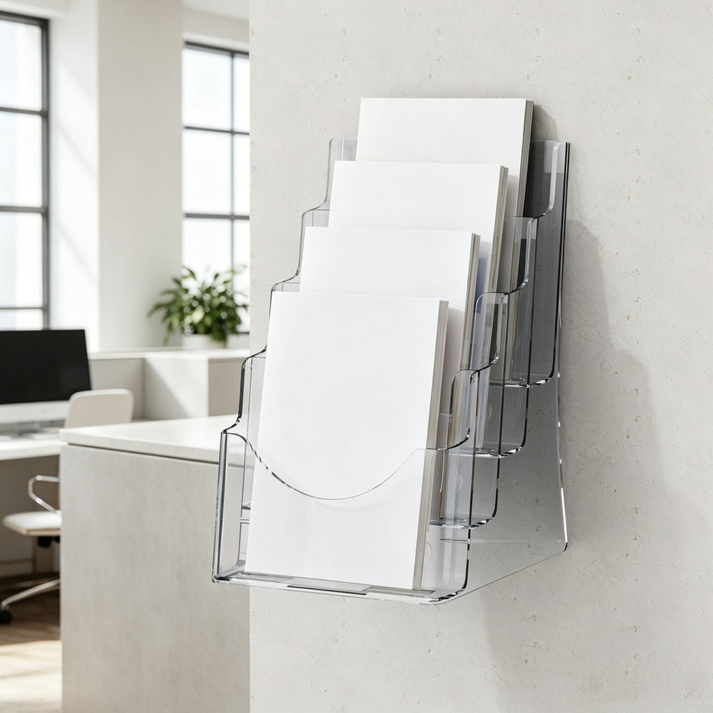 4-Tier Acrylic Brochure Holder 8.5 x 11 Inch, Clear Plastic Literature Display Stand with Removable Divider, Flyer Organizer for Office Exhibition Countertop or Wall Mount