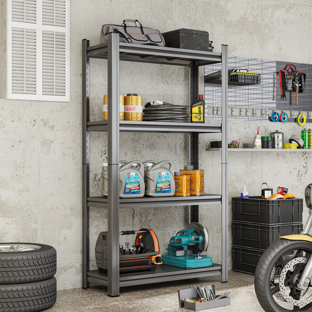 4-Tier Adjustable Metal Storage Shelf, For Garage, Shed, Supermarket, Living Room, Multi-Purpose Storage Shelf, Black, Requires Assembly