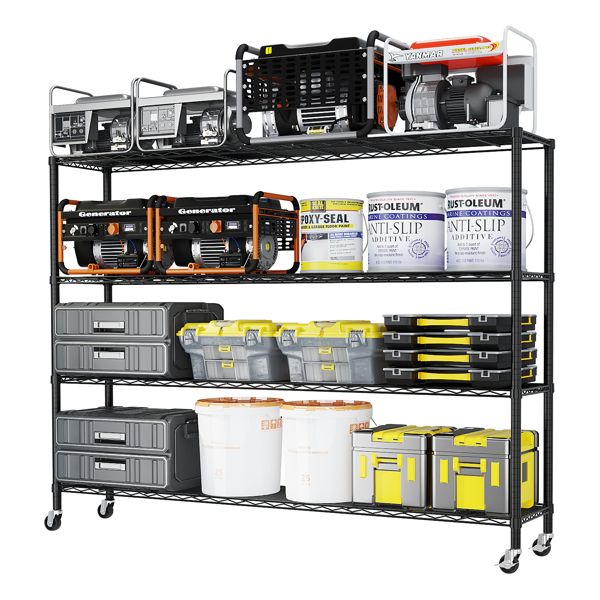 4-tier, adjustable shelf spacing, with adjustable feet and wheels, iron display stand, 150*60*192cm, powder-coated black