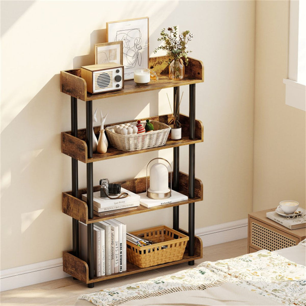 4-Tier Anti-Tipping Open Bookcase with Elevated Legs, Rustic Brown Display Rack for Home Office