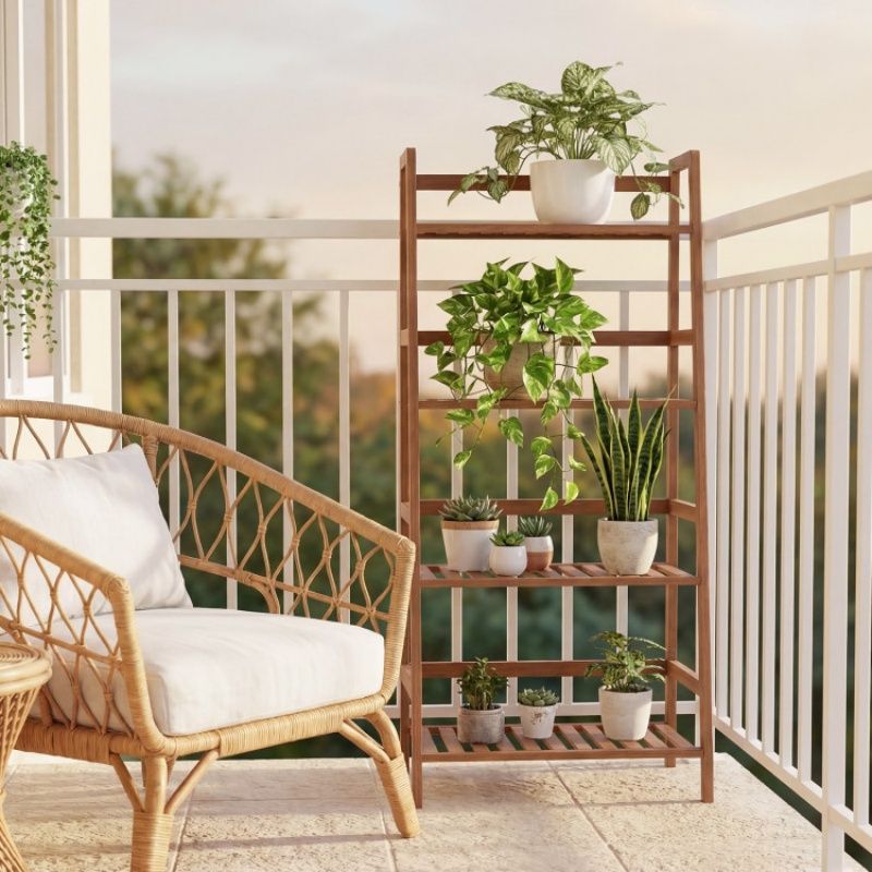 4-Tier Bamboo Plant Rack with Guardrails Stable and Space-Saving