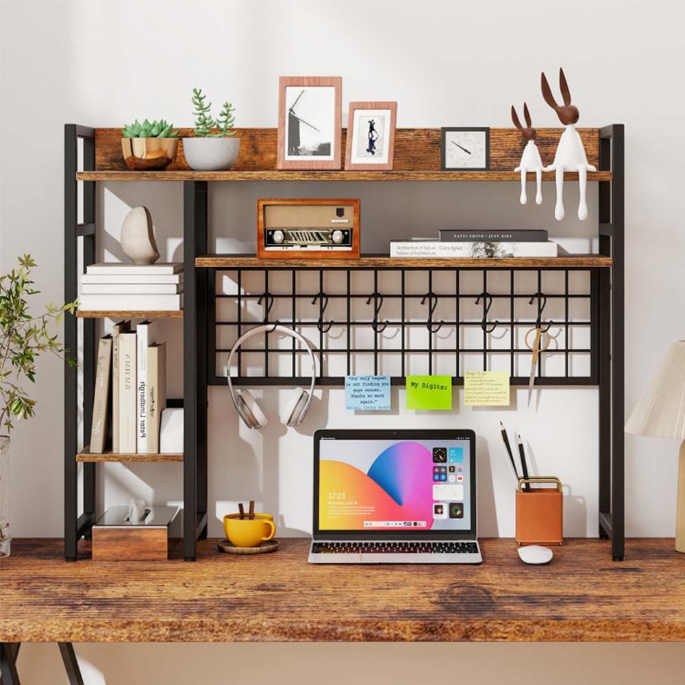4-Tier Desk Shelf Desktop Display Rack with Metal Grid Panel and 6 Hooks