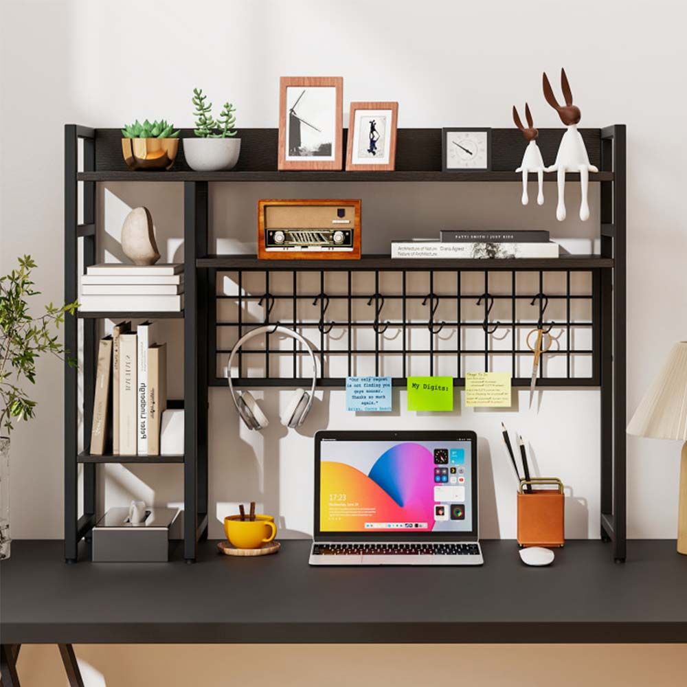 4-Tier Desk Shelf Desktop Display Rack with Metal Grid Panel and 6 Hooks