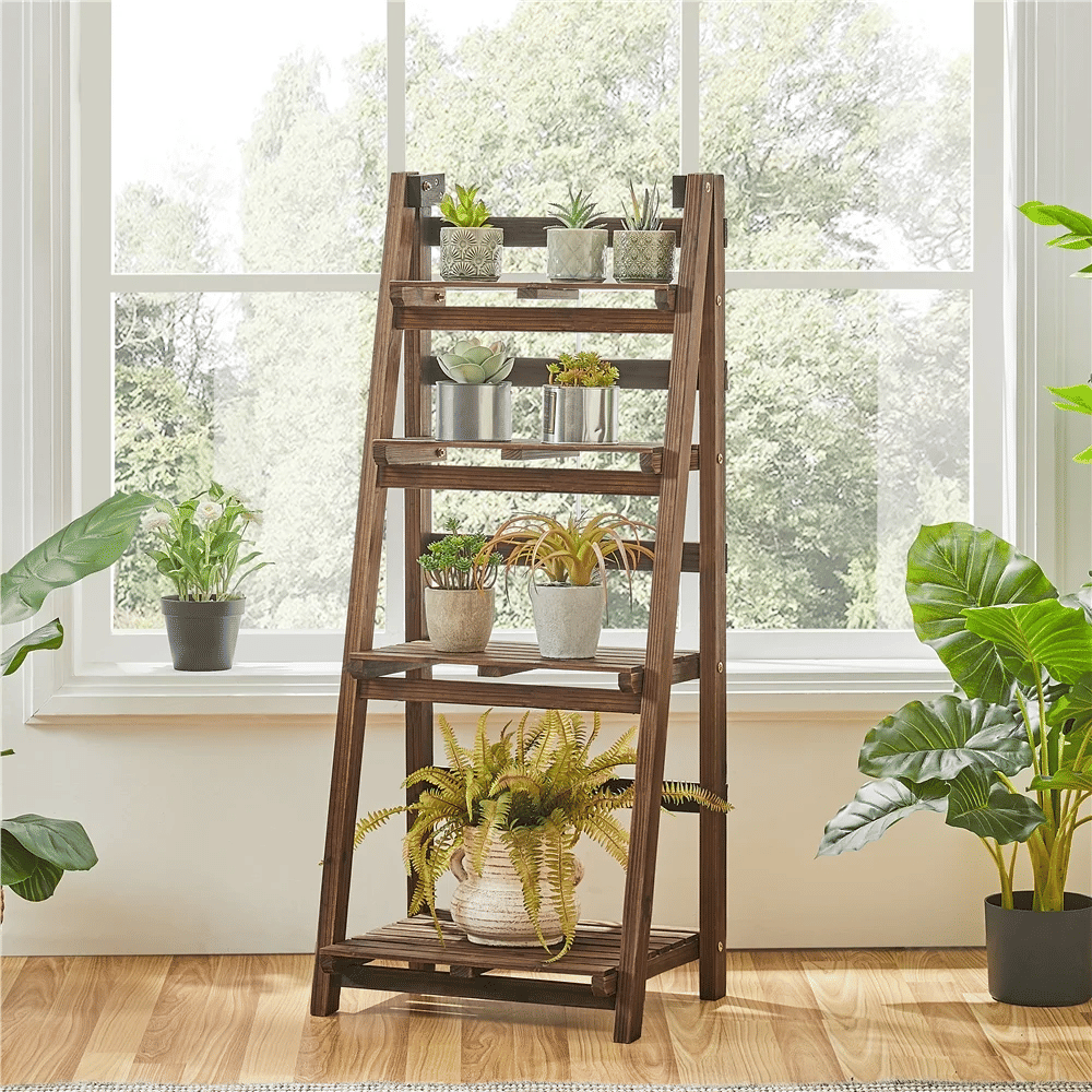 4 Tier Foldable Plant Display Stand for Patio Living Room, Natural Wood