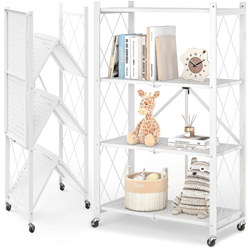 4-Tier FoldingStorageShelves with Wheels, Foldable Metal Rack, Collapsible Shelves for Garage,Kitchen, Basement, White