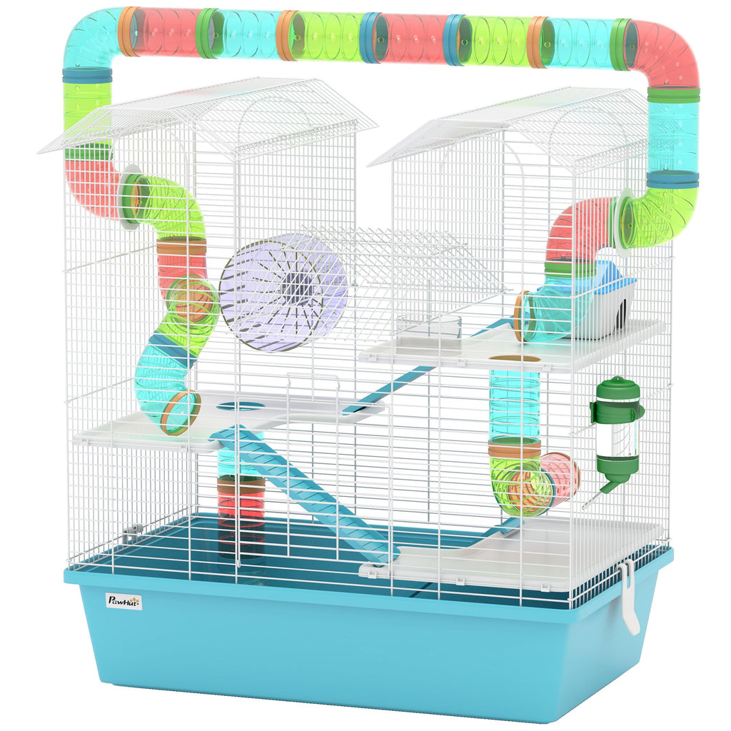 4-Tier Hamster Cage with Tubes, Exercise Wheel, Hut, Water Bottle, Food Dish, Ramps, 22.8" x 14.2" x 25.6", Light Blue