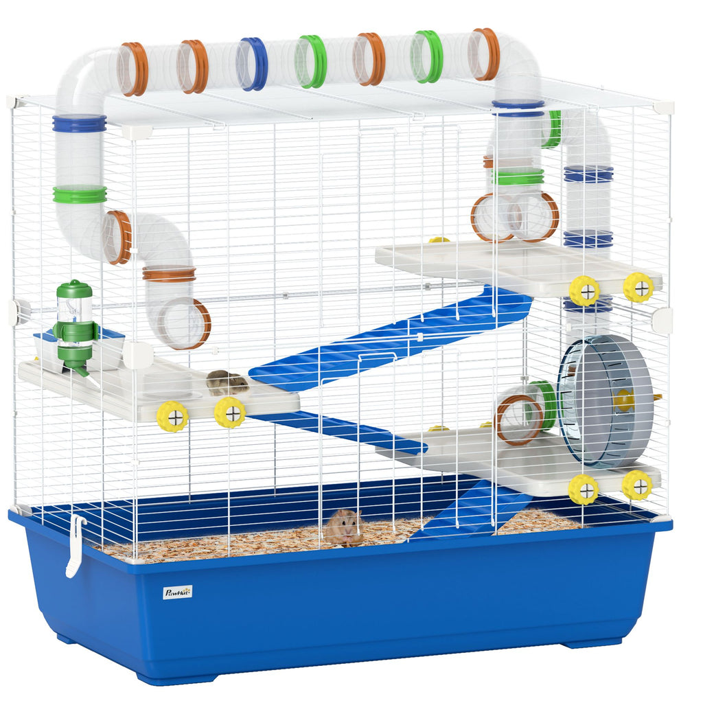 4 Tier Hamster Cage with Tunnel Tube System, Hut, Exercise Wheel, Water Bottle, Food Dish, for Syrian, Gerbil, Blue