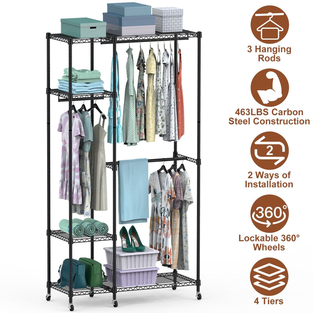 4 Tier Heavy Duty Garment Rack with 3 Hanging Rods, 463LBS Capacity Rolling Clothes Rack with Lockable 360° Wheels & Footrests,44.9x17.13x77.95in Spacious Clothing Rack for Dresses, Shirts, Coats